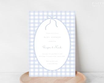 faire-part de fête d'anniversaire pour bébé | Faire-part de fête de naissance classique à thème arc | Vichy bleu à carreaux | Saupoudrer élégant pour bébé | Brunch pour bébé | Modèle numérique