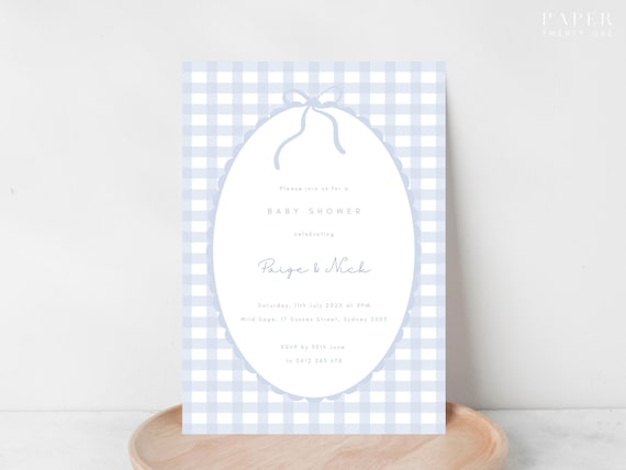 Baby Boy Shower Invitation | Classic Bow Baby Shower Invite | Blue Gingham Check | Elegant Baby Sprinkle | Baby Brunch | Digital Template