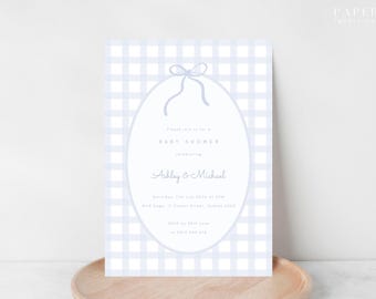Baby Shower Invitation | Classic Toile Baby Brunch Invite | Country Blue Gingham Check | Elegant Baby Sprinkle Boy | Digital Template