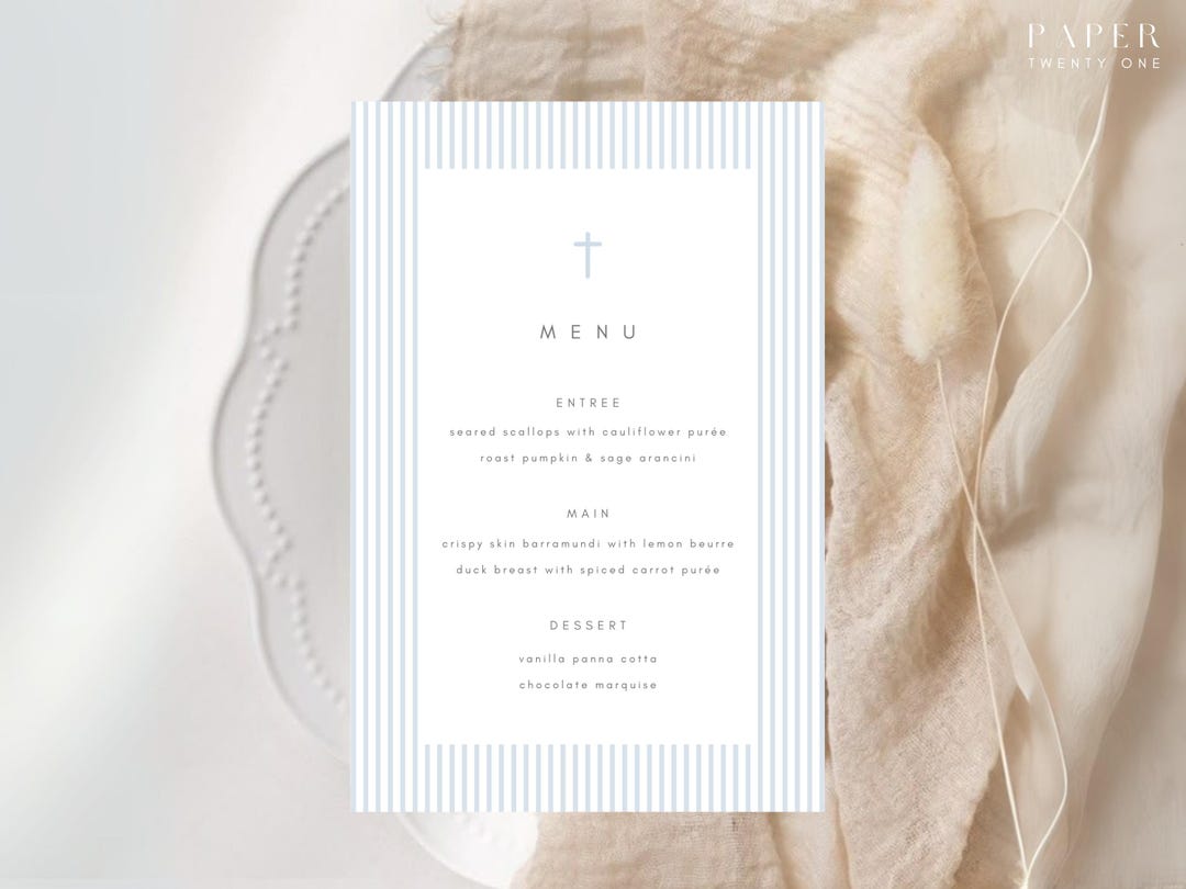 Baptism Menu | Classic Boys Event Menu | Minimalist Blue and White ...