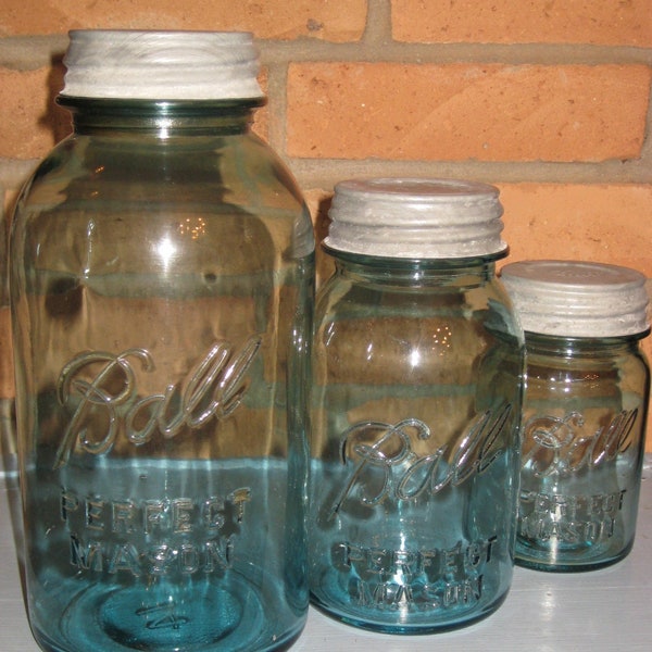 Set 3 Blue Ball Mason Jars Zinc Lids Half Gallon Quart Pint Aqua Glass Minimalist Kitchen Storage Rustic Farmhouse 1923-1933