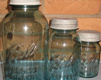 Set 3 Blue Ball Mason Jars Zinc Lids Half Gallon Quart Pint Aqua Glass Minimalist Kitchen Storage Rustic Farmhouse 1923-1933