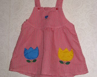 Girls Dress Jumper Pinafore Size 2 3 4 Toddler Red White Gingham Tulip Pockets Adjustable Straps Buttons Vintage Handmade Toddler Jumper