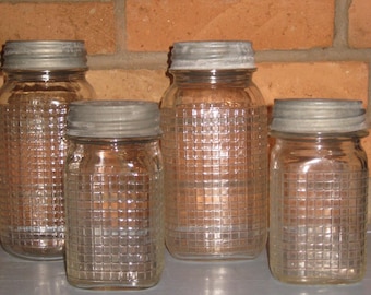 Antique Jar Canister Set 4 Clear Glass Embossed Square Grid Waffle Weave 2 Quarts 2 Pints Hazel Atlas Ball Zinc Lids Minimalist Kitchen Gift