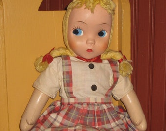 Dutch Swedish Norwegian Doll Oil Cloth Molded Celluloid Face Hand Painted 20" Jointed 1940 1950 Toy Goldielocks Yellow Hair Braids Blue Eyes