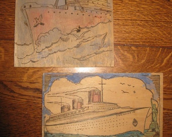 Normandie Ship Antique Primitive Handmade 2 Woodburned Folk Art Pictures 1930s French Navy Normandy Ship Vintage Pyrography Scout Woodcraft