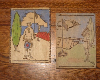 Vintage Pyrography Girl Scout Boy Scouts Pictures Lot Woodburning Art Handmade Primitive Thirties 1930 Woodcraft Vintage GSA BSA Scout Craft