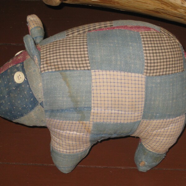 Primitive Quilt Pig Early Fabrics Indigo Blue Farmhouse Decor Folk Art Handmade Patchwork Quilt