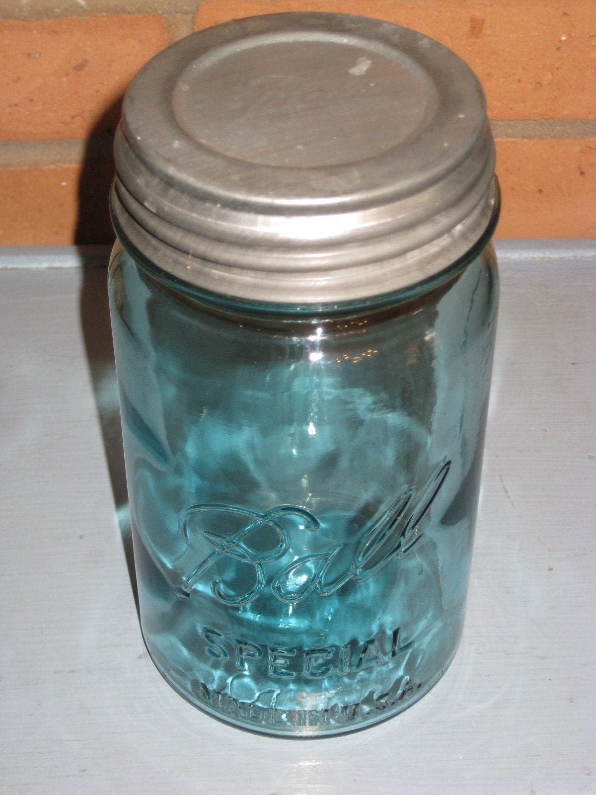 Antique Blue Green Ball Jar Wide Mouth SPECIAL W Zinc Lid Quart 1923