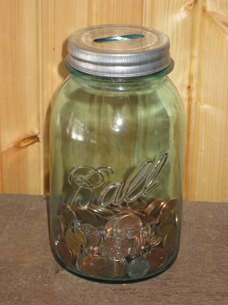 Mason Jar Bank Blue Ball Galvanized Slotted Lid Rustic Etsy
