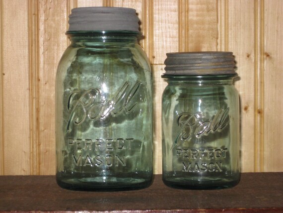 2 Blue Ball Mason Jars Canister Set Storage Quart Pint W Zinc Etsy