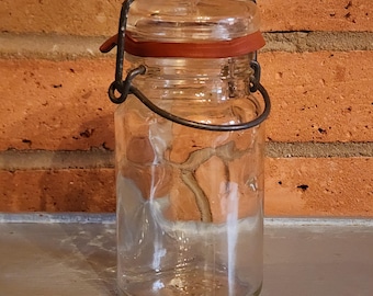 5" Glass Jar Metal Bail Storage Marked K 1875 10 on Bottom Half Pint Clear Glass Lid Craft Bathroom Kitchen Storage Original NO Chips Nice