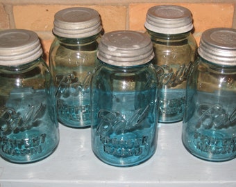 Blue Ball Mason Jars Canister Set 5 W Zinc Lids Farmhouse Storage Quarts Lot Vintage Wedding Gift Country Kitchen Twenties Thirties