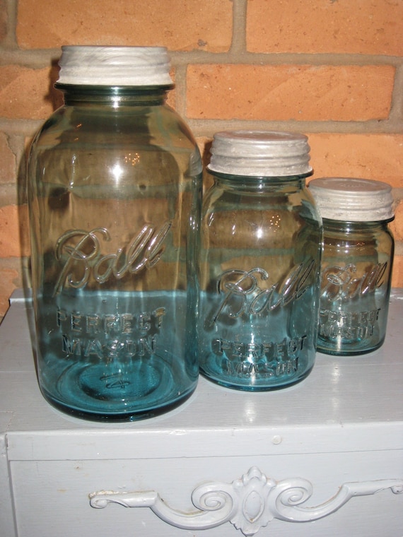 Set 3 Blue Ball Mason Jars Zinc Lids Half Gallon Quart Pint Aqua Glass Minimalist Kitchen Storage Rustic Farmhouse 1923-1933