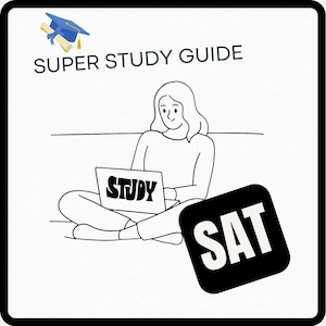 Op de afbeelding: Een zwart-witte lijntekening van een persoon die op een bank zit en een laptop gebruikt. Het laptopscherm zegt "STUDY". Een zwart vierkant met het woord "SAT" in witte tekst bevindt zich in de rechterbenedenhoek. De afbeelding heeft de titel "SUPER STUDY GUIDE".