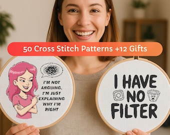 50 Mini Cross Stitch Pattern Bundle PDF with 12 Gift,  Snarky Cross Stitch Patterns