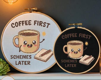 Coffee First Schemes Later Modern Funny Cross Stitch Pattern, Cross Stitch Pattern, Quote Cross Stitch Pattern, Cross Stitch Sampler