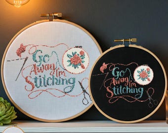 Go Away I'm Stitching Snarky Cross Stitch Pattern, Modern Funny Cross Stitch Pattern, Counted Cross Stitch Sampler, Simple Cross Stitch