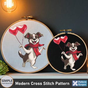 Patrón de punto de cruz moderno de perro con globos de corazón en PDF en estilo de dibujos animados, diseño de punto de cruz para principiantes, descarga de punto de cruz
