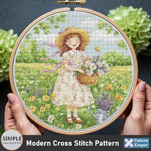 Girl with Flower Basket in Spring Cross Stitch Pattern, Modern Cross Stitch Pattern, Spring Cross Stitch Design, Girl Cross Stitch Sampler