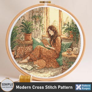 Boho Woman Reading Book Cross Stitch Pattern, Spring Cross Stitch Pattern, Modern Cross Stitch Sampler, Cross Stitch Design