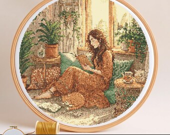 Boho Woman Reading Book Cross Stitch Pattern, Spring Cross Stitch Pattern, Modern Cross Stitch Sampler, Cross Stitch Design