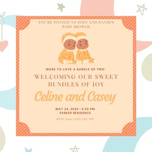 Editable Neutral Twins Baby Shower Invitation - Canva Free Version, Gender Neutral Digital Download, Editable Baby Shower Template for Twins