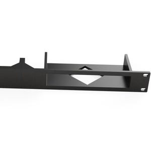 May include: Black metal rack with a cutout for a device. The rack is designed to be mounted in a 19-inch equipment rack.