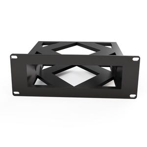 May include: A black, rack-mountable equipment shelf with a geometric diamond pattern. The shelf has a rectangular frame with mounting holes on the front. The open design allows for ventilation and easy access to equipment.