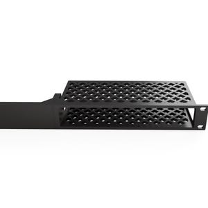 May include: A black, rack-mountable server shelf with a perforated design. The shelf has a rectangular shape with a series of diamond-shaped cutouts across its surface. The shelf is designed to hold electronic equipment and has mounting holes on the front.