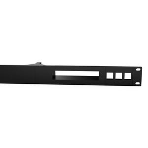 May include: A black rack mount panel with a rectangular opening and three square openings. The panel is designed for mounting in a standard 19-inch rack, commonly used for network equipment and servers.