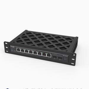 May include: A black 3D printed rack mount for a TP-Link Omada ES210X-M2 switch. The mount features a diamond-patterned top frame and a front panel with cutouts for eight Ethernet ports and two SFP+ slots, labeled with the text 3D Rack Mounts.