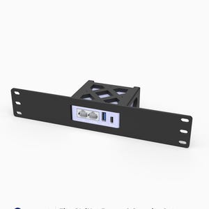 May include: A black 3D-printed rack mount for a GL.iNet Brume 2 security gateway. The mount features a wide front panel with mounting holes, a central cutout for device ports, and a rear support structure with a lattice design.