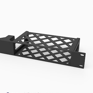 May include: A black 3D printed rack mount for a GL.iNet Comet X device. The mount features a 19-inch wide frame with a 1U height and a diamond-patterned lattice base for ventilation. The text on the image reads 3D Rack Mounts Fits GL.iNet Comet X 19" 1U PETG Made in USA.
