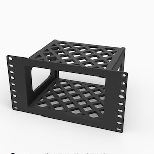 May include: A black 3U rack mount shelf with a diamond-patterned lattice base and top, designed to fit a WD My Cloud EX2 Ultra. The front panel features standard rack mounting holes on both sides. Text reads: 3D Rack Mounts Fits WD My Cloud EX2 Ultra 10" 3U PETG Made in USA.