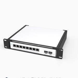 May include: A black 3D printed rack mount bracket designed for a Unifi Switch Pro XG 8 PoE. The mount features a front-facing panel with cutouts for eight Ethernet ports and two SFP ports, matching the device layout. Text reads 3D Rack Mounts.