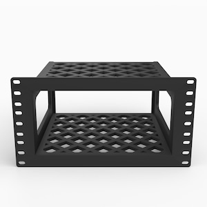 May include: A black rack-mount shelf featuring a diamond-patterned perforated base and top panel. The unit includes vertical side flanges with pre-drilled mounting holes on both the left and right sides, designed for standard equipment rack installation.