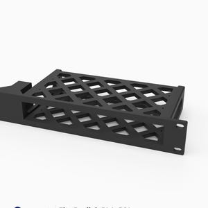 May include: A black 3D printed rack mount for a Reolink RLA-PS1 device. The mount features a diamond-shaped lattice pattern on the top surface, a solid front panel with two mounting holes, and is labeled 19 inch, 1U, PETG, Made in USA.