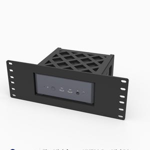 May include: A black 3D printed rack mount for a Minisforum UM790 Pro Mini PC. The mount features a 2U height, a 10-inch width, and a lattice-patterned top. The front panel includes a rectangular cutout for the PC ports and power button.
