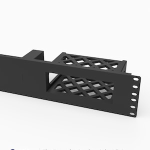 May include: A black 19-inch 2U rack mount made of PETG, designed to fit a Focusrite Scarlett Solo 4th Gen. The mount features a rectangular front panel with a lattice-patterned shelf section and side mounting holes for standard rack installation.