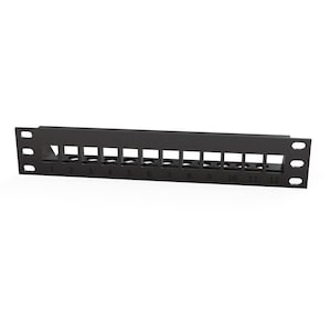 May include: Black metal 12-port keystone wall plate with numbered ports 1 through 12.