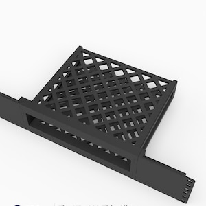 Puede incluir: Un soporte de rack negro impreso en 3D para un cliente ligero HP t630. El soporte cuenta con una base de rejilla y un panel frontal plano con orificios de montaje en los laterales. El texto en la imagen dice: 3D Rack Mounts, Fits HP t630 Thin Client, 19", 2U, PETG, Made in USA.