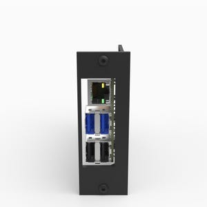 以下が含まれることがあります： 黒い長方形のコンピュータインターフェースパネル。上部には緑と黄色のステータスライトが見えるイーサネットポートがあり、その下に2つの青いUSBポートが積み重なって配置されています。全体は2本の黒いネジで固定された金属フレームに取り付けられています。