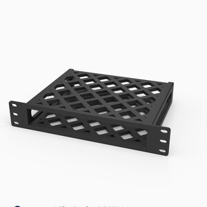 May include: A black 3D printed rack mount for a Deciso DEC740 device. The mount features a 1U height, a 10-inch width, and a lattice-style grid pattern on the top surface. It includes side mounting flanges with three holes on each side.