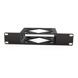 May include: Black metal rack with a geometric design. The rack is designed to hold equipment in a standard 19-inch rack.