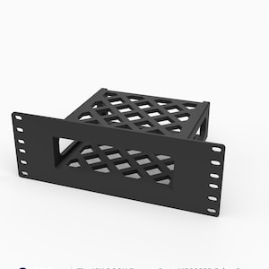 May include: A black 3D printed rack mount bracket with a diamond-patterned lattice structure and a rectangular front panel featuring mounting holes. The text on the image reads: 3D Rack Mounts Fits ICY DOCK ExpressCage MB326SP Drive Cage 10" 2U PETG Made in USA.