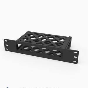 May include: A black 3D printed rack mount for an Nvidia Shield TV Pro, featuring a lattice-style top surface and a front mounting plate with three holes on each side. The text on the base reads 3D Rack Mounts, Fits Nvidia Shield TV Pro, 10", 1U, PETG, Made in USA.