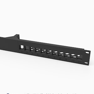 May include: A black 19-inch half-width patch panel with 11 keystone ports, numbered 1 through 11. The panel features a mounting bracket on the left side and is labeled as 1U, made of PETG material, and fits a 19-inch rack mount system.