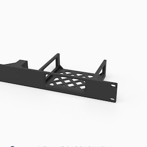 May include: A black 19-inch 1U rack mount for Beelink Mini S, S12, and S13 computers. The mount features a flat front panel with mounting holes and a rear-extending cradle with a diamond-patterned base for ventilation, labeled 3D Rack Mounts.