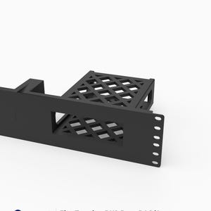 May include: A black 3D printed rack mount for a Topping DX3 Pro+ DAC/Amp. The mount features a 19-inch wide front panel with a 2U height, a rectangular cutout, and a lattice-patterned support shelf extending backward for equipment stability.